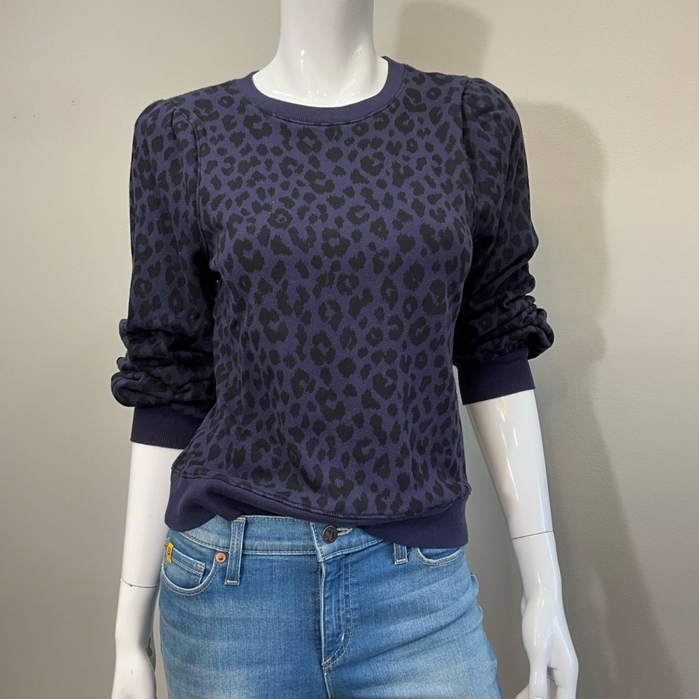 GOLDIE Navy Leopard Print Crewneck Sweatshirt Puff Sleeve Pullover XS